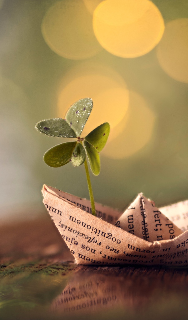 Бумажный кораблик с зеленым листом клевера