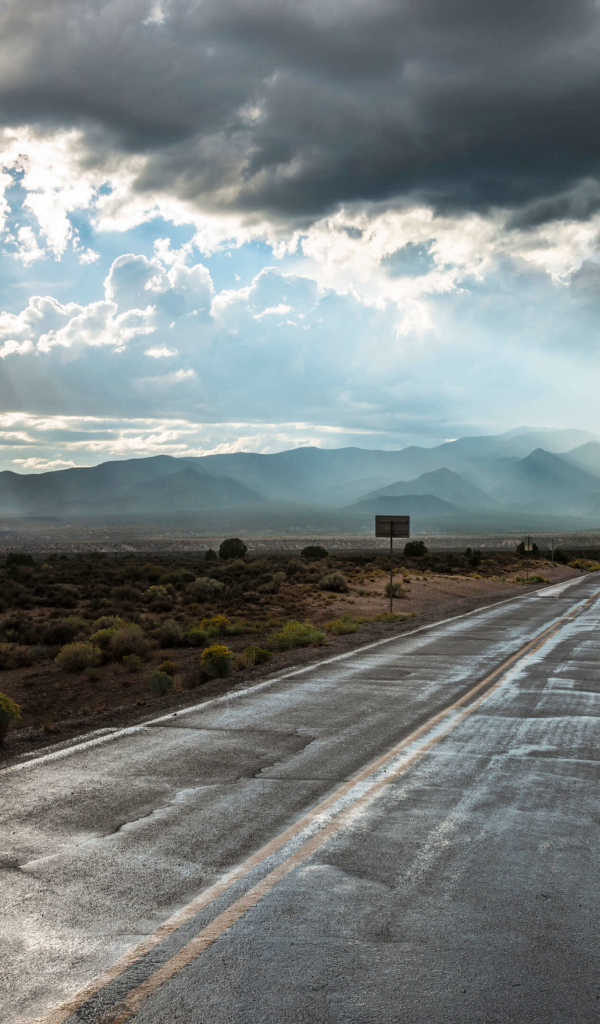 Мокрая дорога в лучах солнца под пасмурным небом 