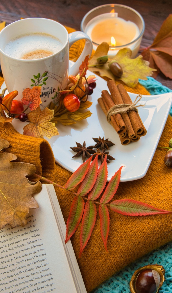 Листья, свитер,чай и специи на столе 