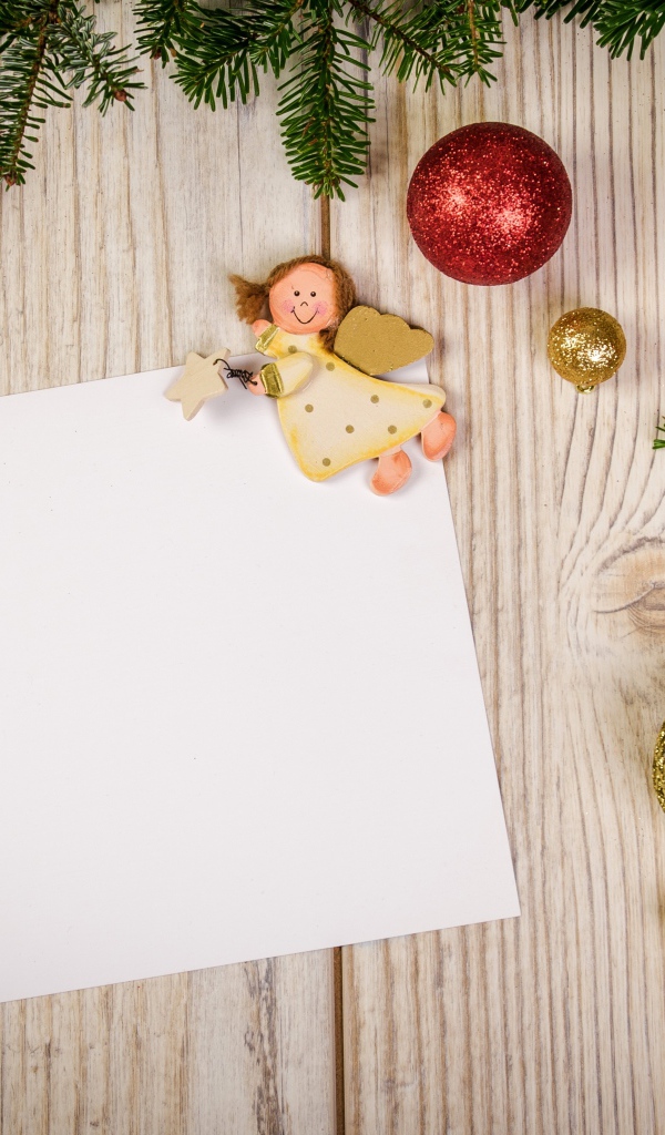 Шаблон новогодней открытки с еловой веткой и игрушками 