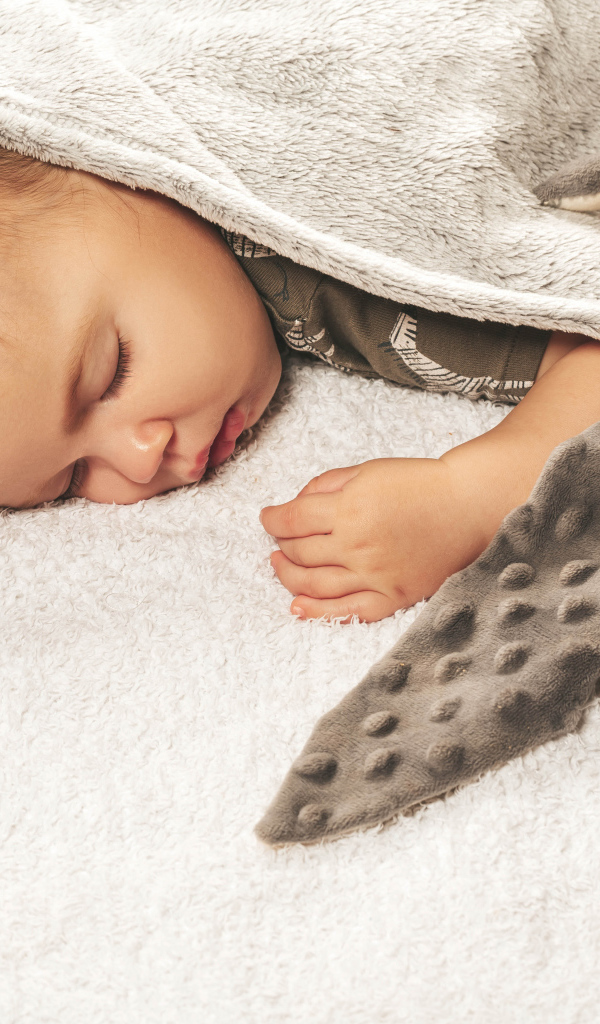 Маленький ребенок спит с игрушкой под одеялом