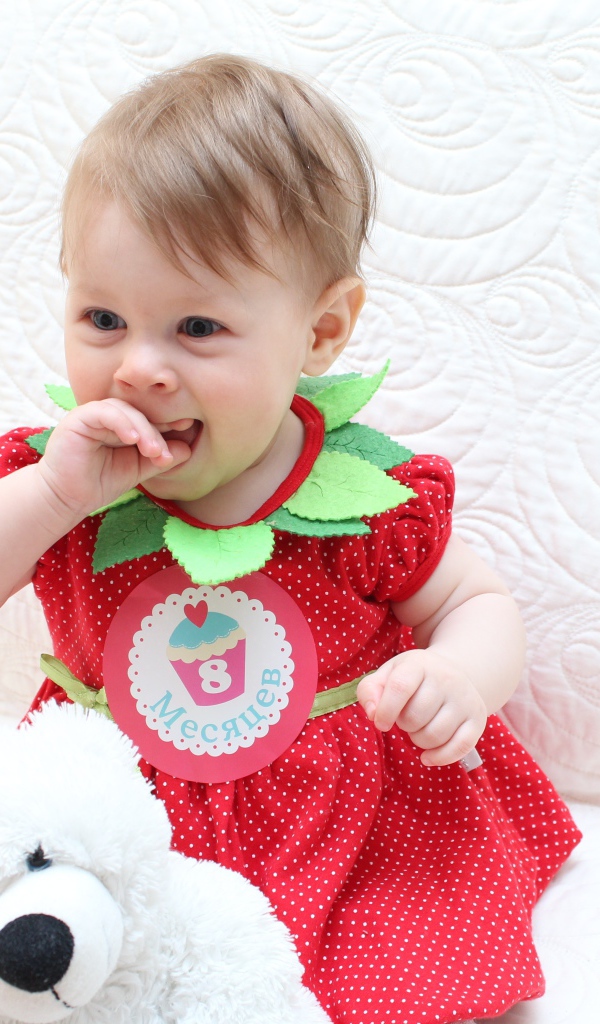 Маленькая девочка в красном платье с игрушкой на белом фоне