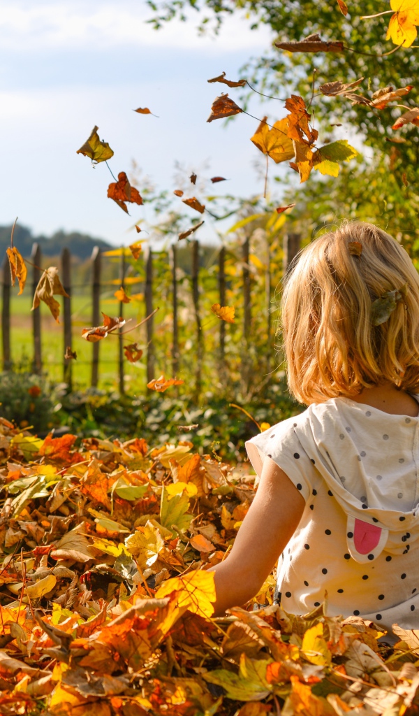 Маленькая девочка сидит в сухой листве
