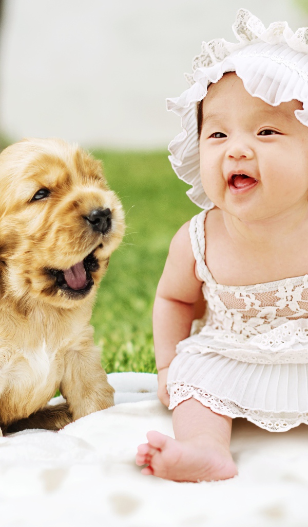 Маленькая девочка с щенком на поляне