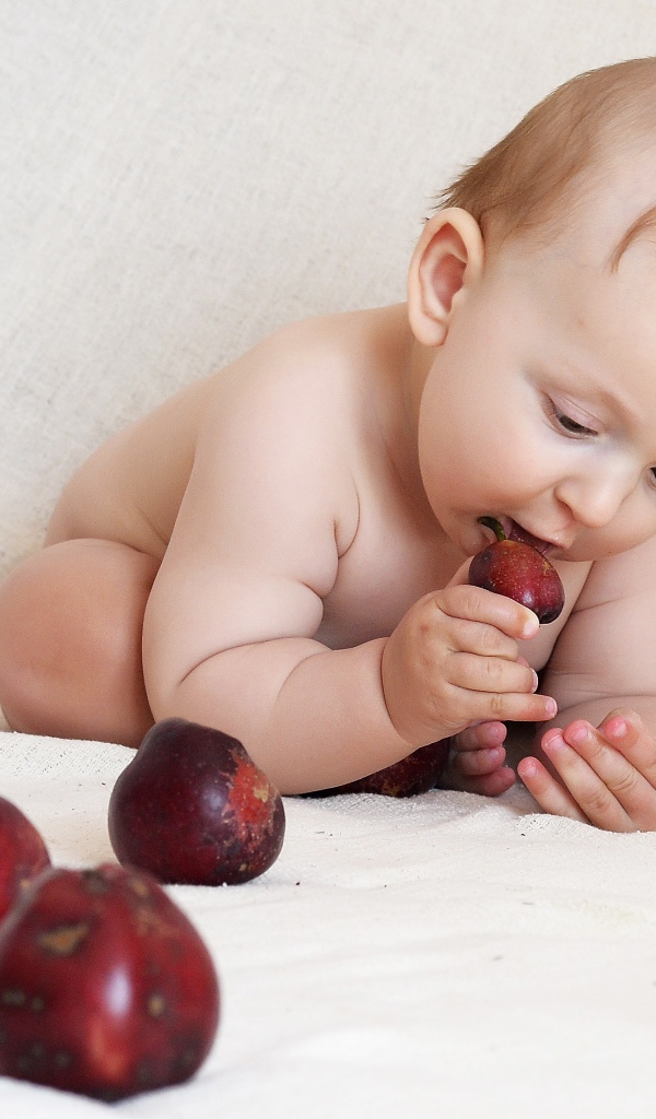 Маленький грудной ребенок грызет красные яблоки 