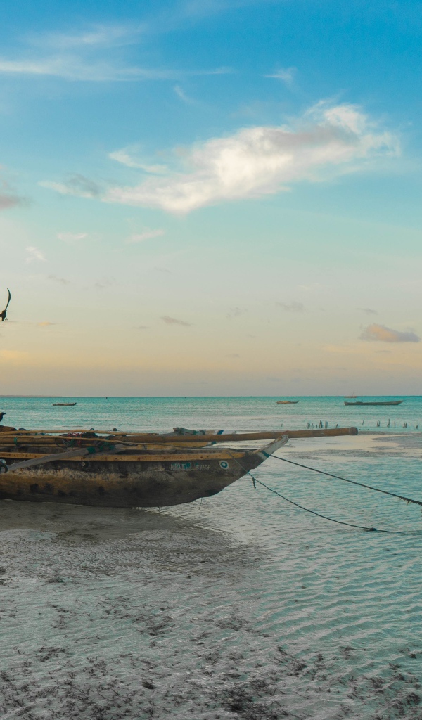 Старая лодка стоит на песке у моря