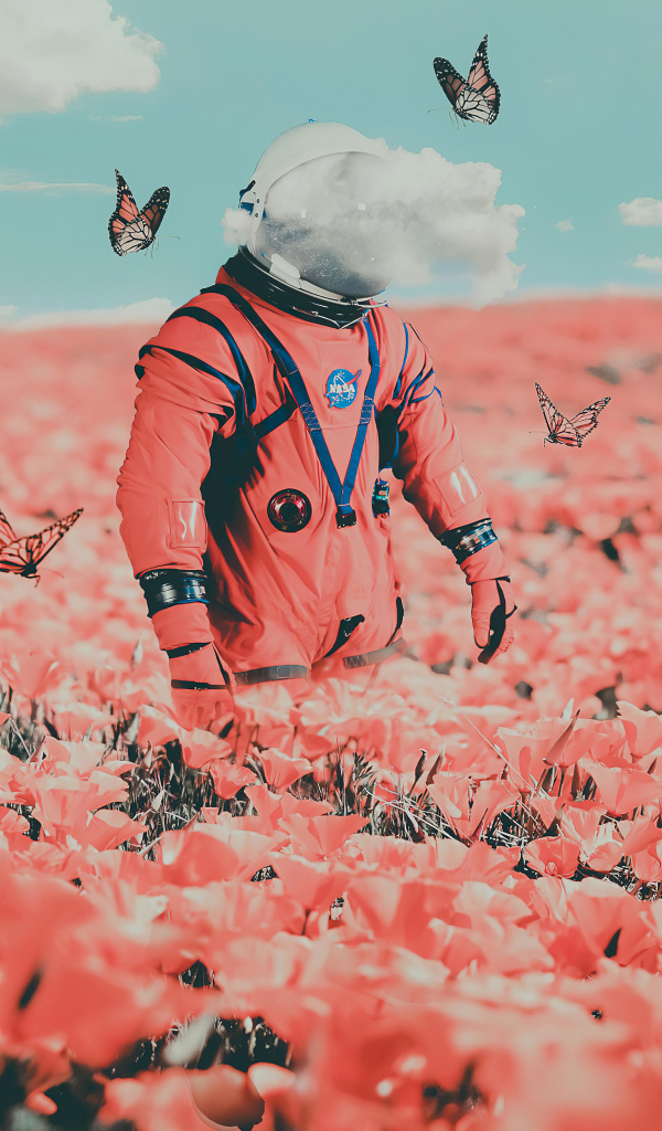 An astronaut walks across a field with butterflies and red poppies