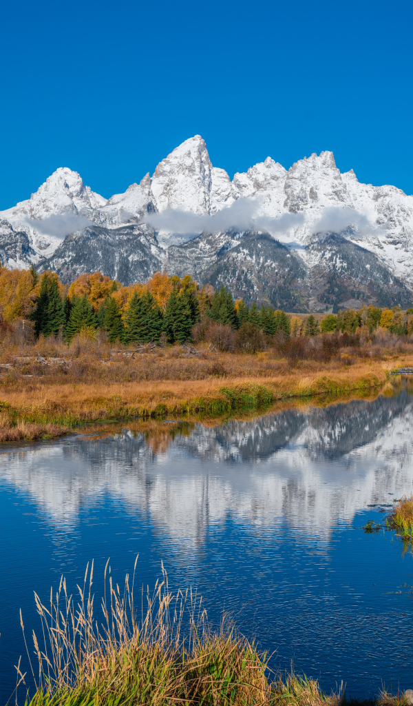 Горы и река в национальном парке Гранд-Титон, США 