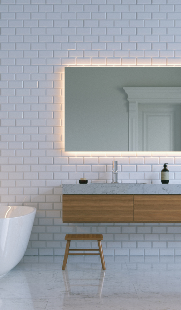 Bathroom with white brick walls