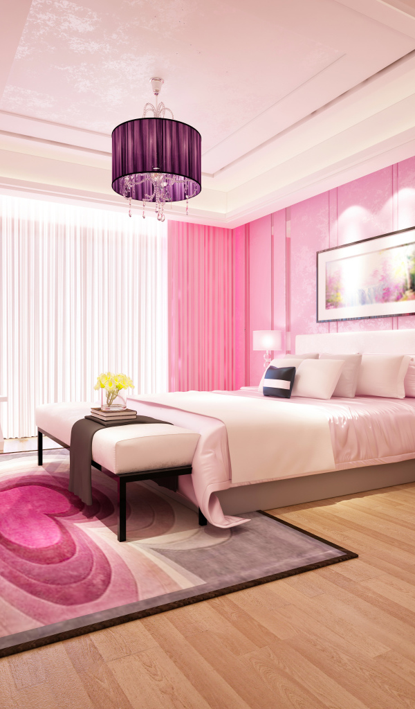 Красивая спальня с розовыми стенами