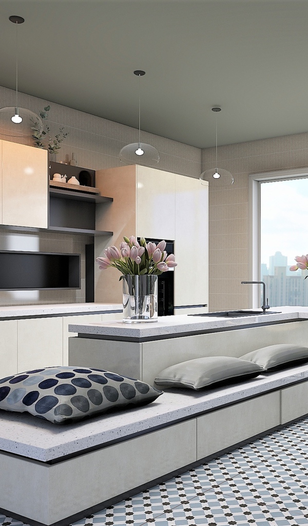 Красивая просторная кухня в сером цвете 