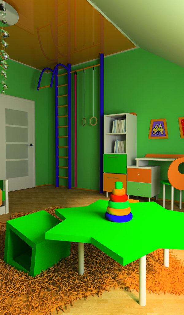 Детская комната с зелеными стенами и мебелью 
