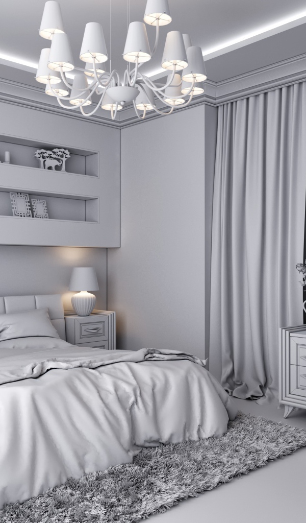 Серый интерьер спальной комнаты с большой люстрой 