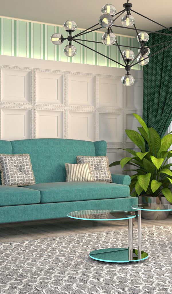 Большой голубой диван в гостиной с балконом