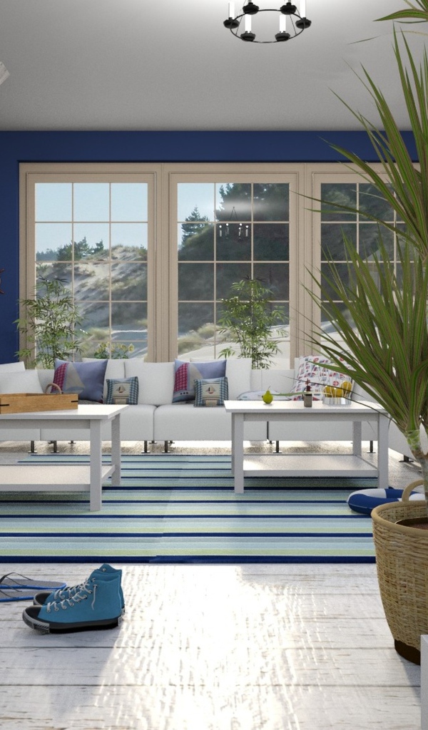 Большая просторная гостиная в бело-голубом стиле