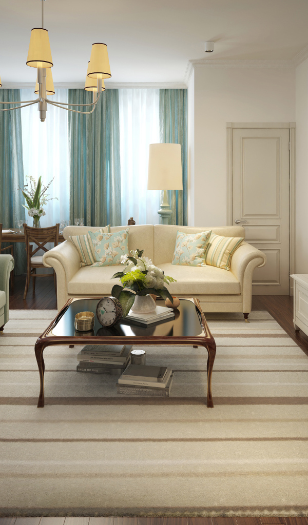 Гостиная комната с голубыми шторами на окне