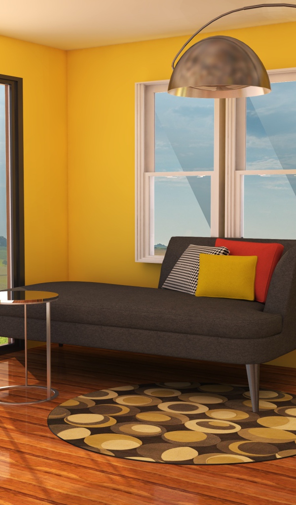 Гостиная комната с диваном, желтыми стенами и большим окном