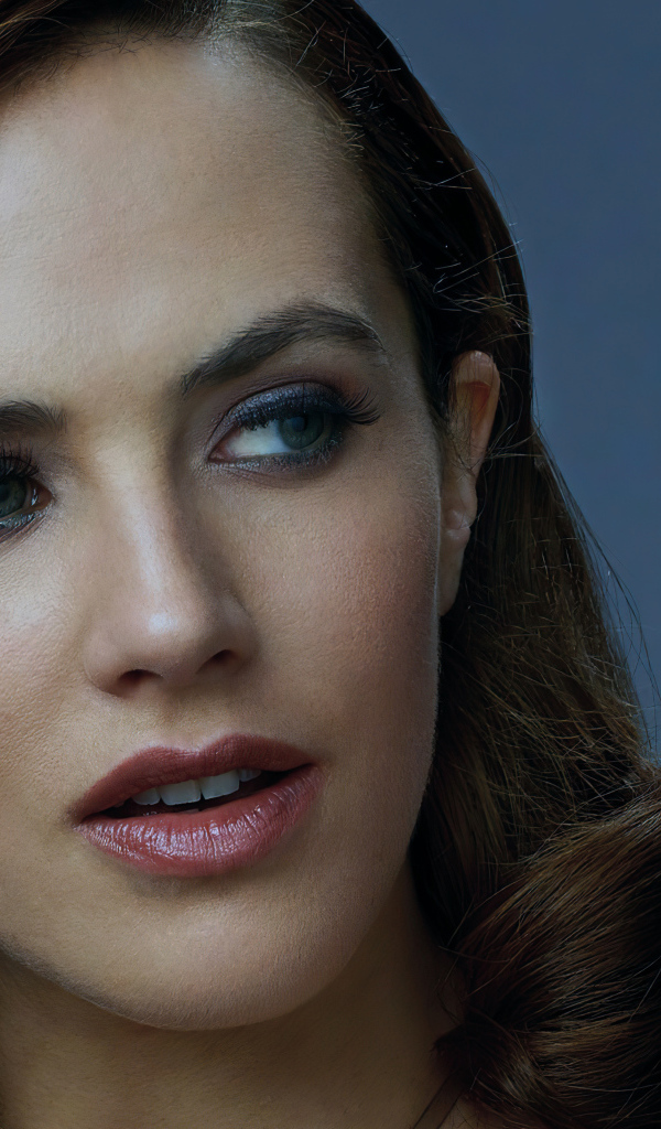 Лицо британской актрисы Джессики Браун-Финдли на сером фоне