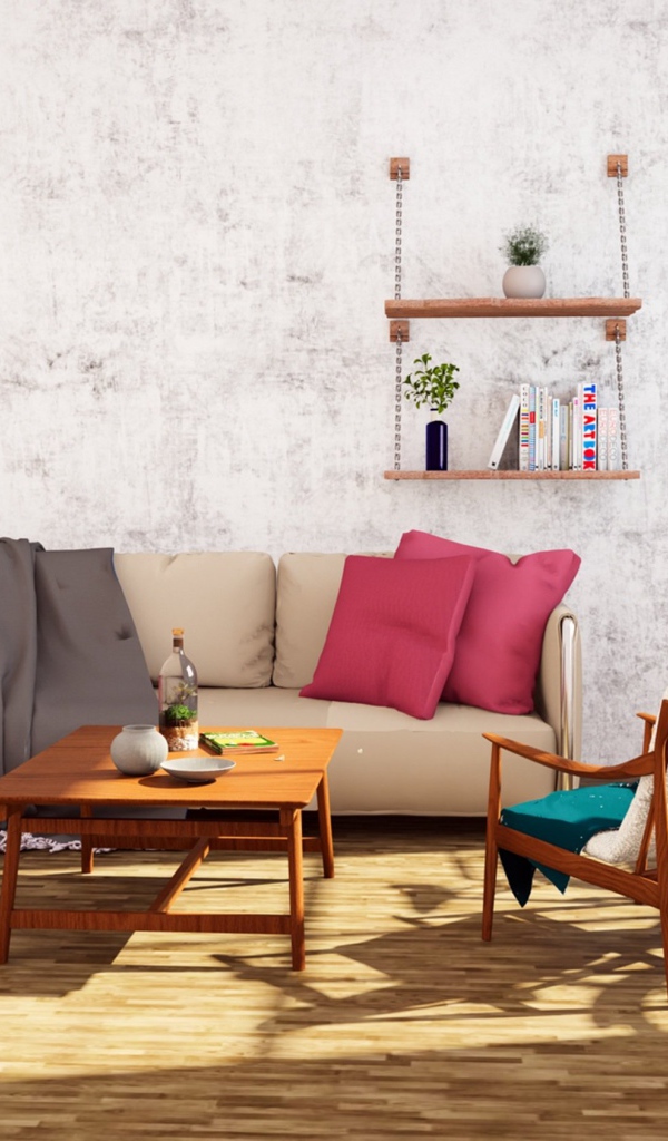 Диван и велосипед стоят в комнате