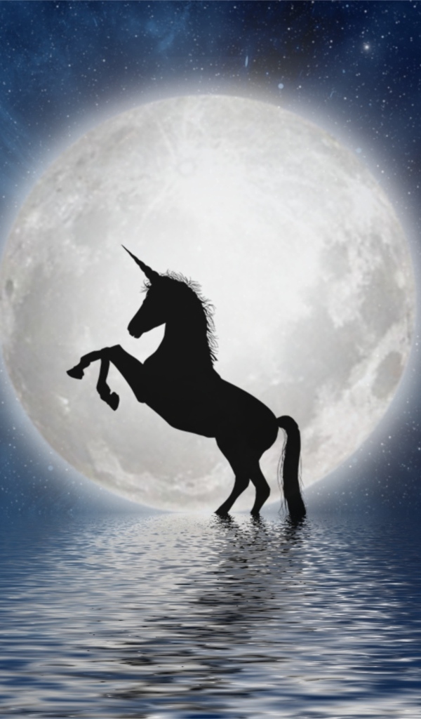 Фантастический единорог на фоне луны
