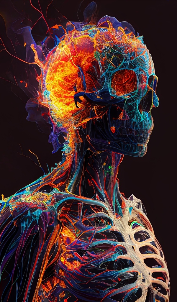 Огненный скелет мужчины на черном фоне