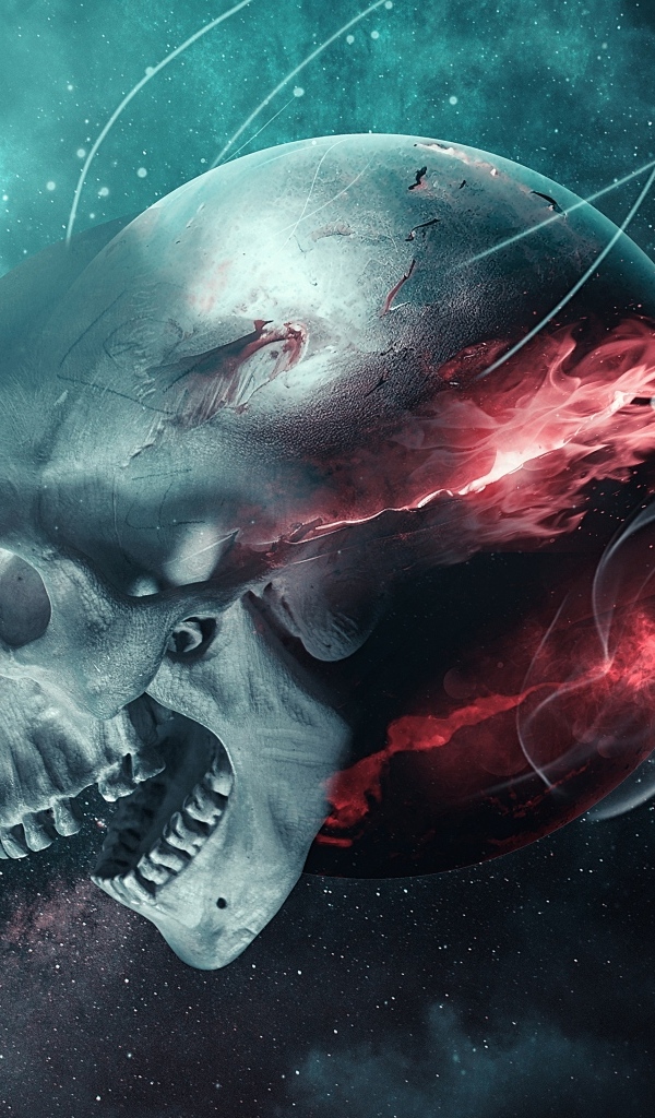 Летящий череп с огненной планетой