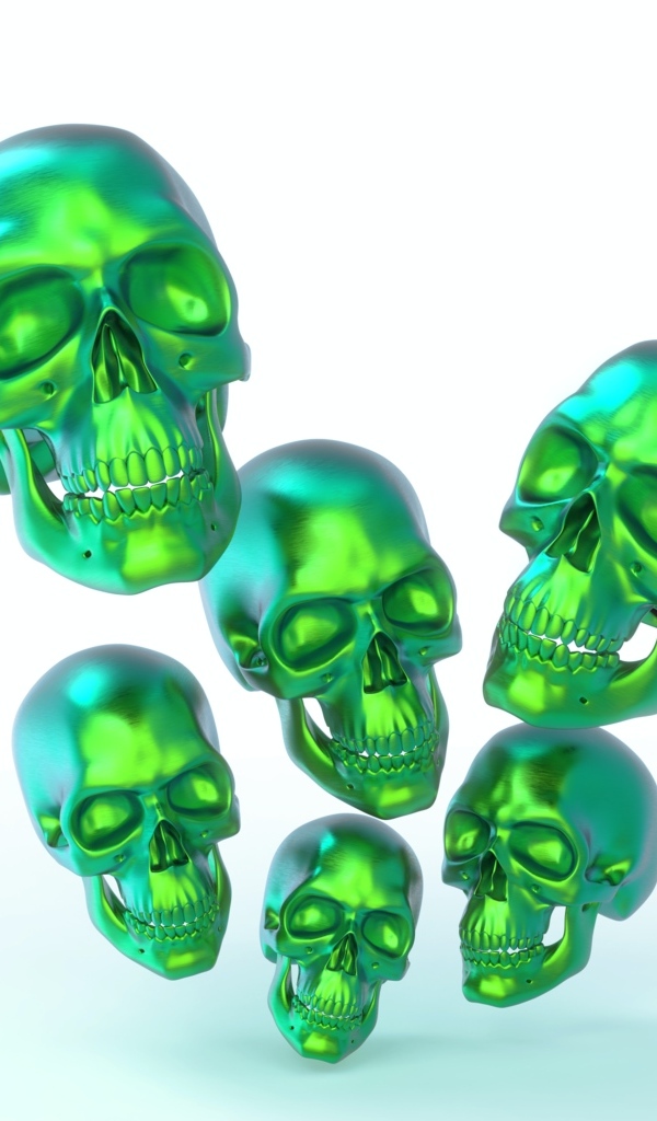 Зеленые стальные черепа на белом фоне