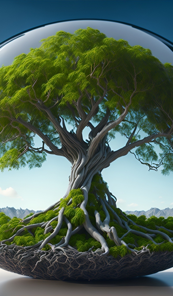 Зеленое дерево в капле воды на фоне неба