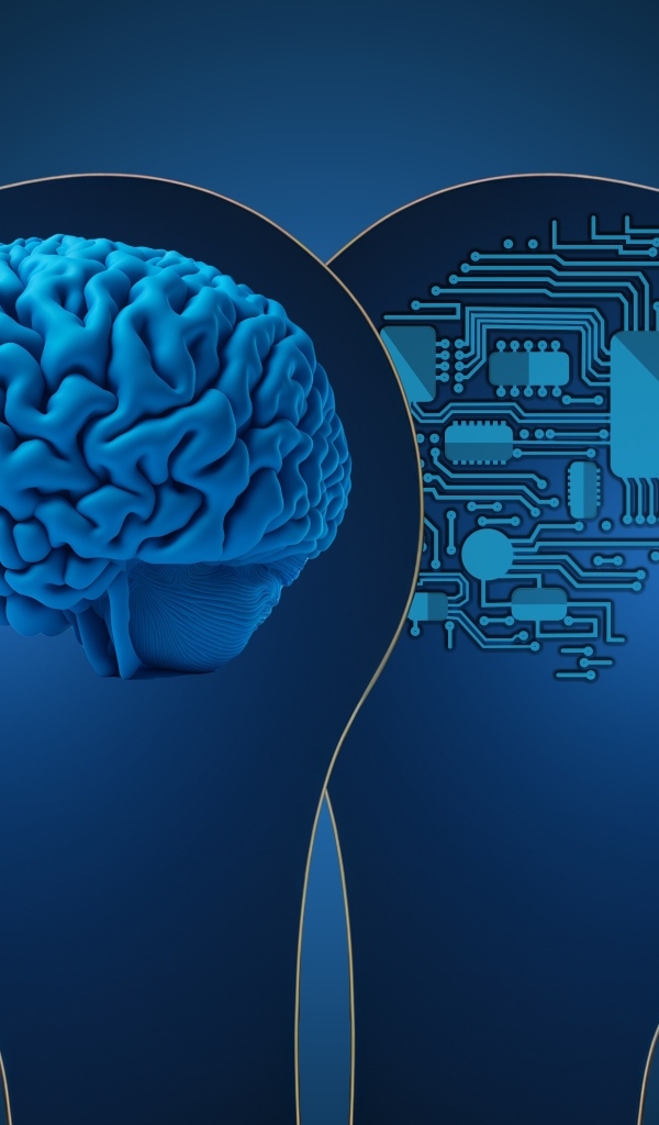Живой мозг и искусственный интеллект на синем фоне