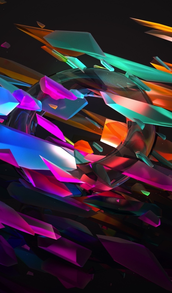 Разноцветные 3д осколки и круг на черном фоне