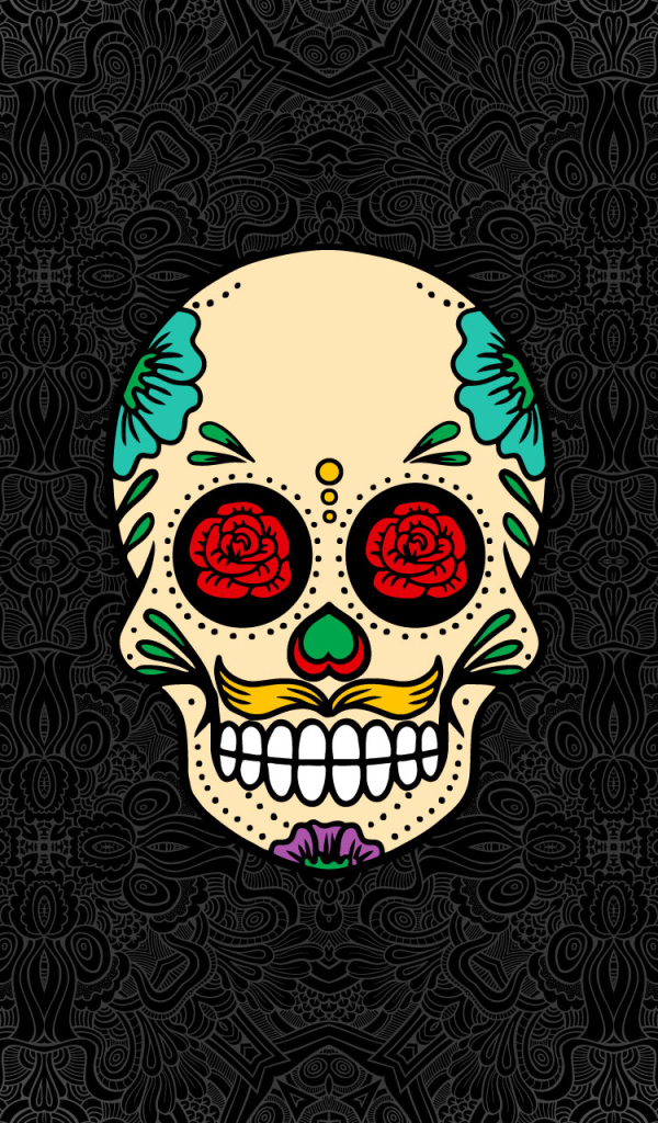 Нарисованный череп на сером фоне с узорами