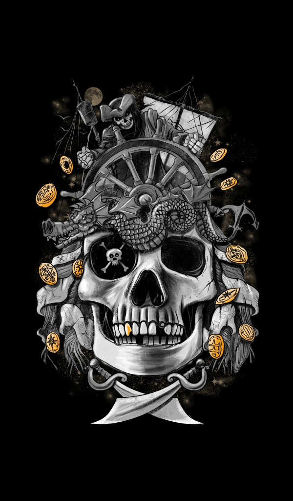 Pirate skull with coins on black background