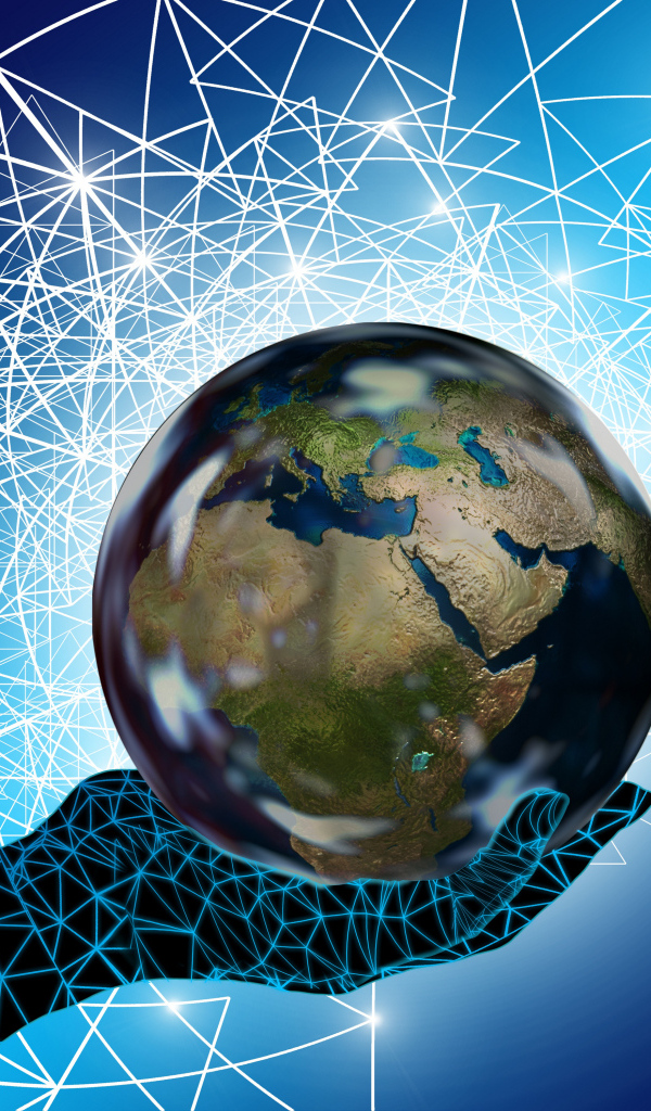 Планета земля на руке в компьютерной паутине