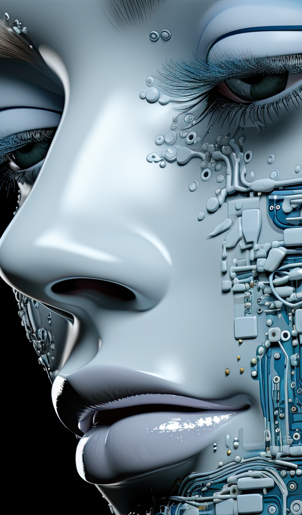 Лицо девушки робота на черном фоне 3д графика