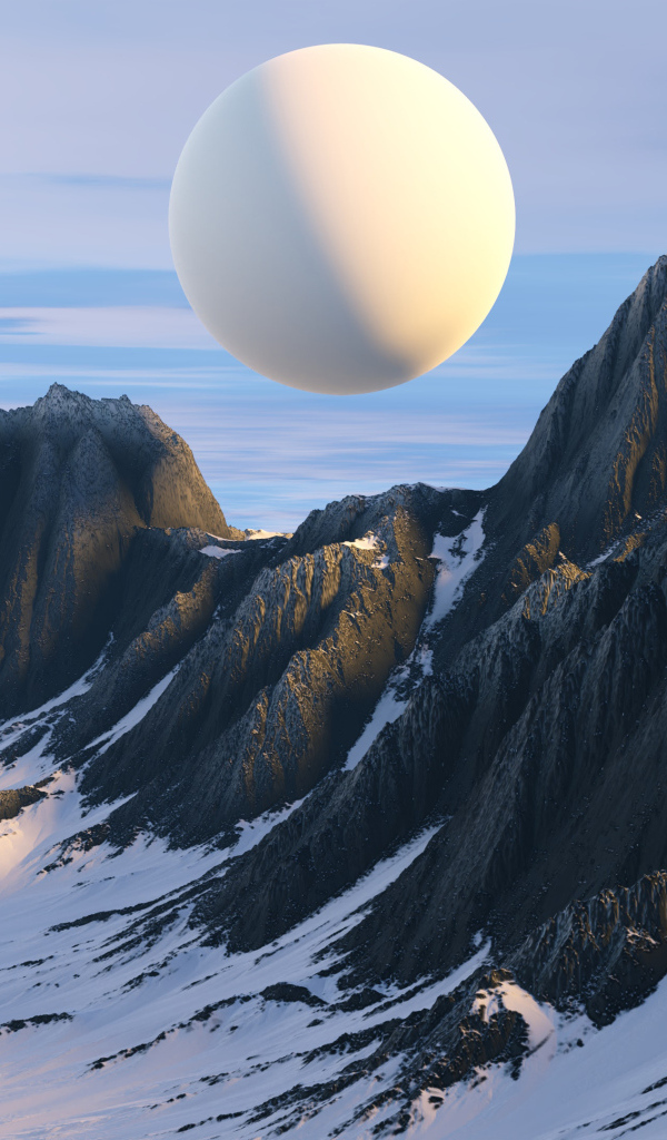 Белая планета над горами 3д графика