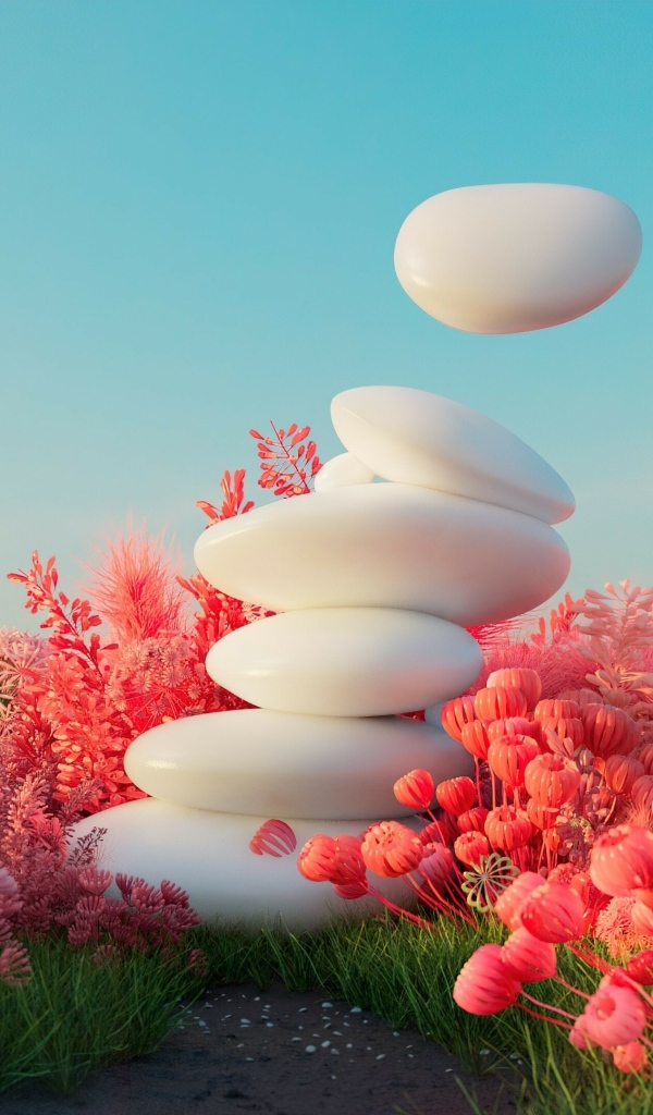 Белые камни в красных цветах 3д