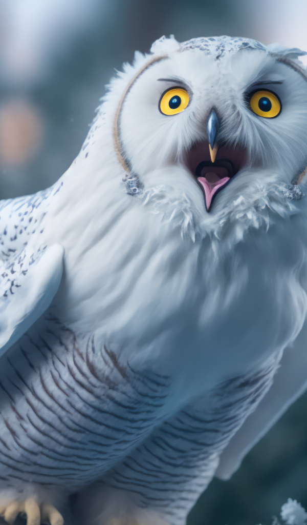 Большая белая сова с открытым клювом