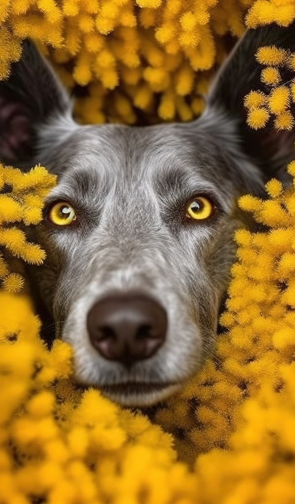 Черная собака в желтых цветах мимозы