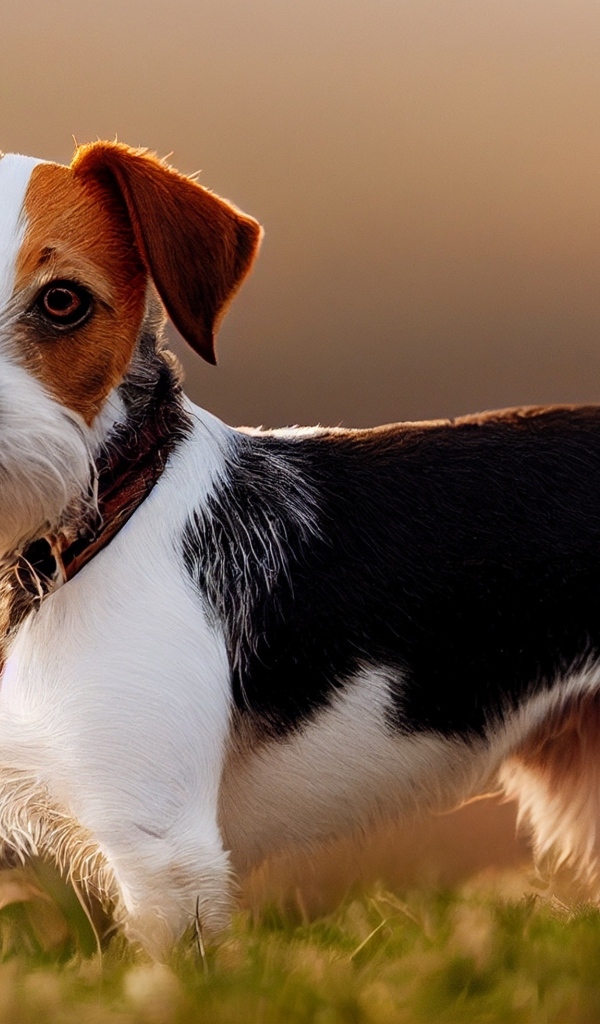 Смешная собака стоит на траве