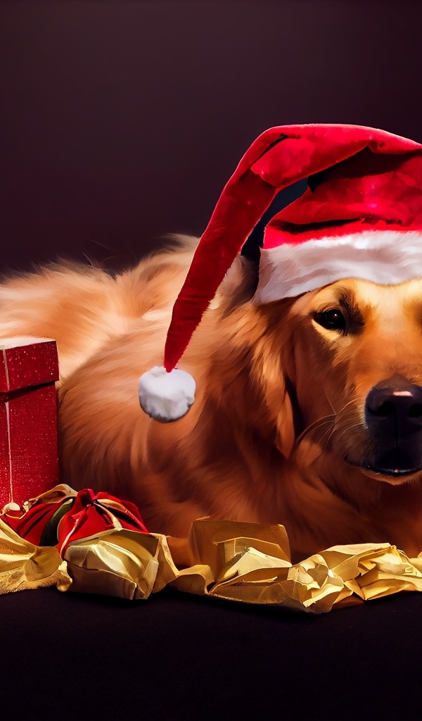 Золотистый ретривер в новогодней шапке с подарком