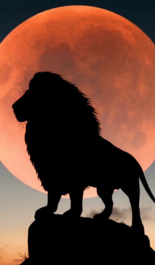 Большой лев стоит на камне на фоне луны