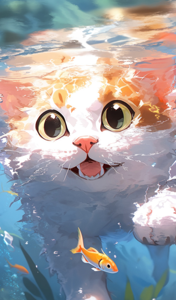 Аниме кот плавает в воде