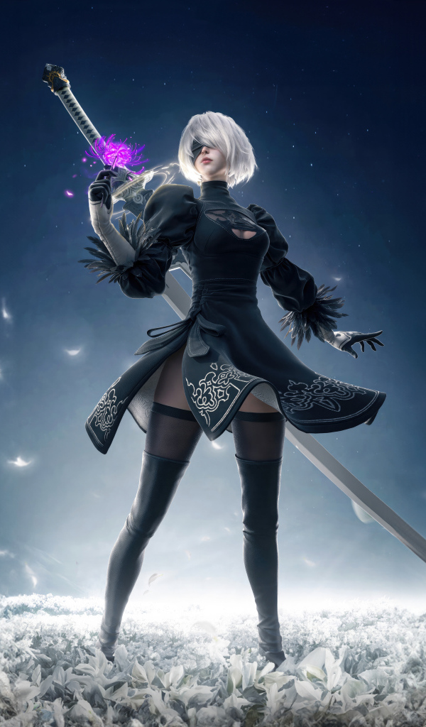 Девушка аниме 2B в черном костюме с мечом