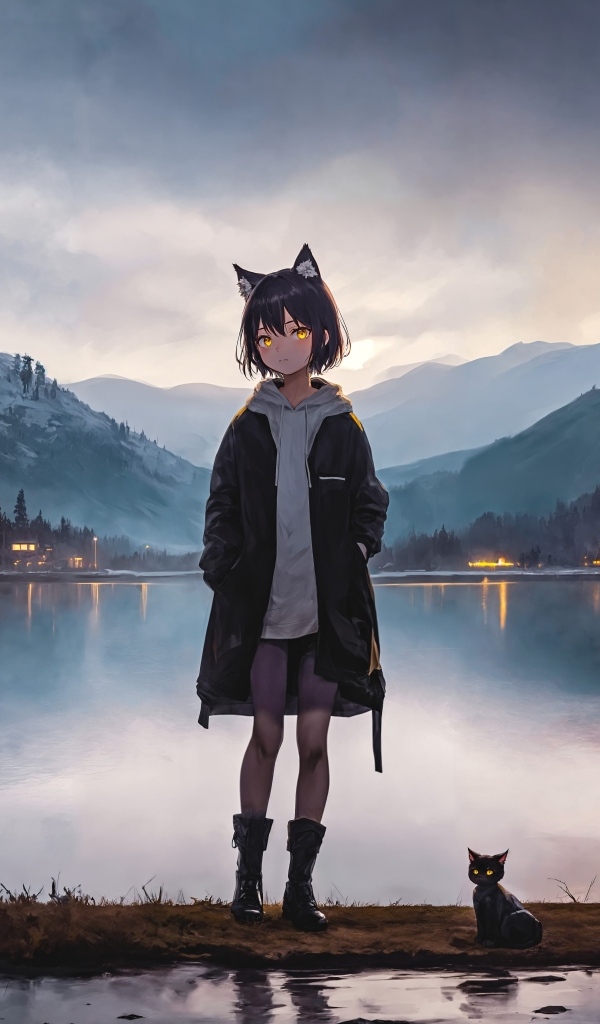 Девочка аниме у воды с котенком