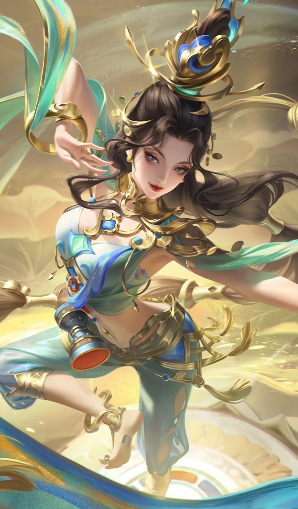 Девушка аниме танцует с голубыми лентами