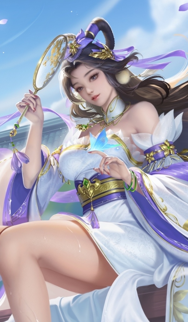 Девушка аниме в красивом платье с зеркалом