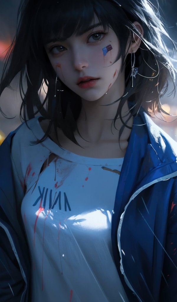 Девушка аниме в синей куртке