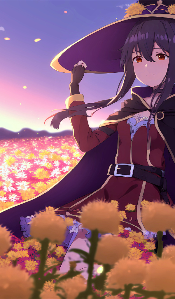 Девушка аниме в костюме на поле с цветами