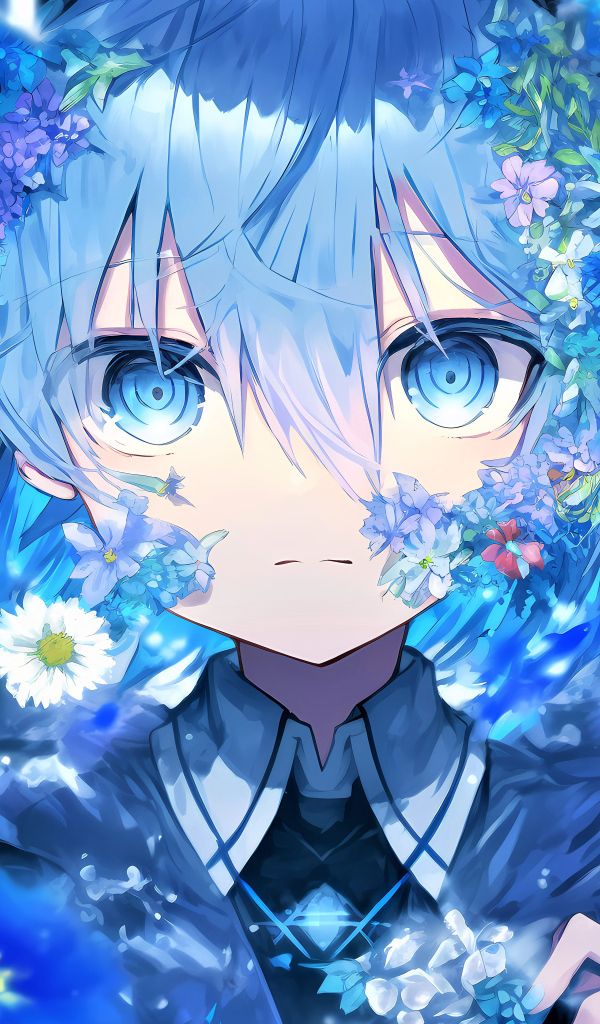 Девушка аниме в синих фантастических цветах