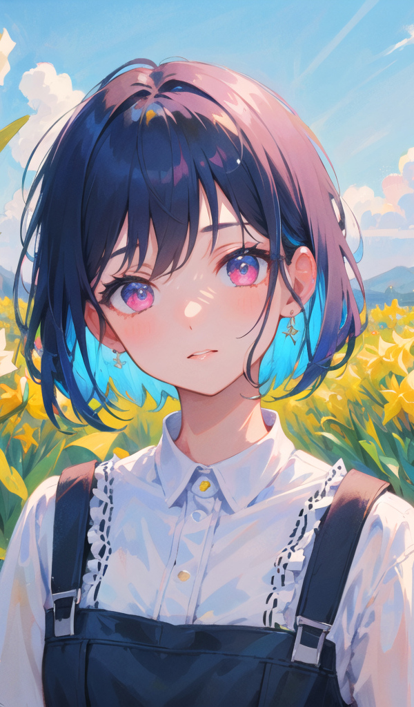 Девушка аниме на поле с нарциссами